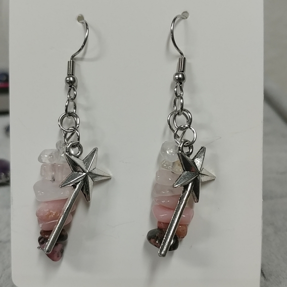 Wand Earrings Natural Gemstone Rose Quartz Rhodonite Pink Opal Crystal Chip Bead - Picture 7 of 10